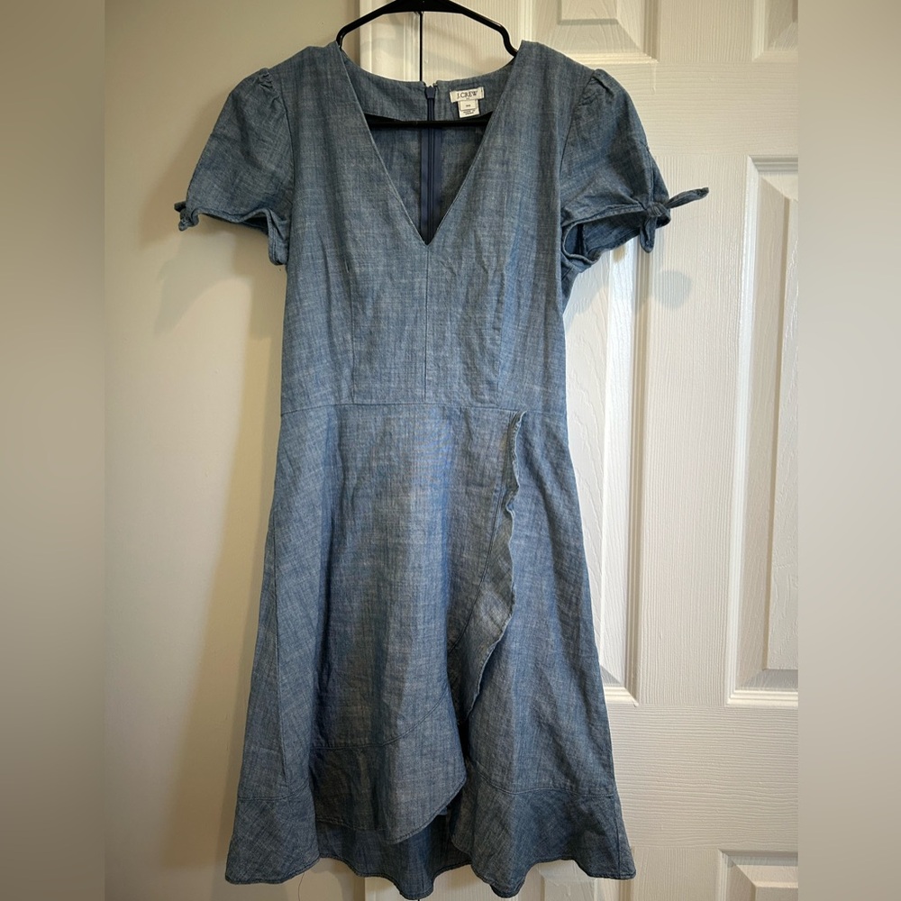 J. Crew Denim Faux Wrap Dress Ruffle Hem w/ Tie Sleeves